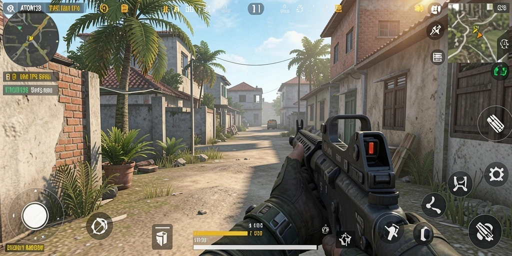 Screenshot ATOM138 menunjukkan aksi menembak yang intens dalam gameplay TPS.