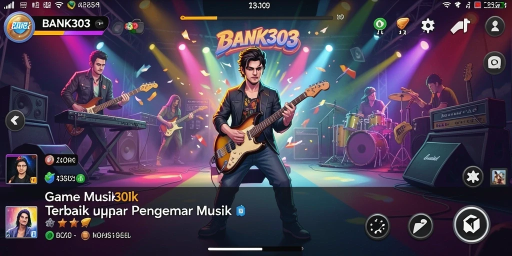 Screenshot utama BANK303 menampilkan antarmuka permainan musik yang interaktif.