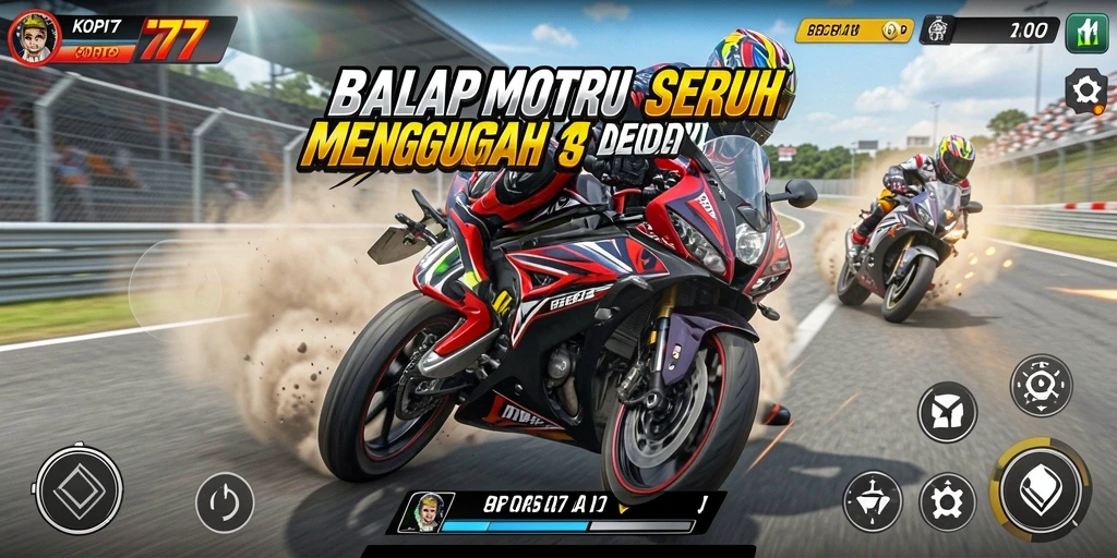 Tampilan gameplay KOPI77 yang menampilkan balapan motor yang mendebarkan.