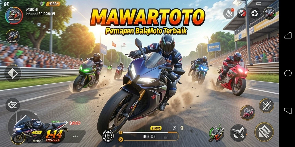 Tampilan utama gameplay MAWARTOTO dengan balapan seru motor.