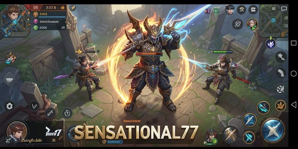 Screenshot gameplay <strong>SENSATIONAL77</strong> yang menampilkan pertarungan strategi SLG yang seru.