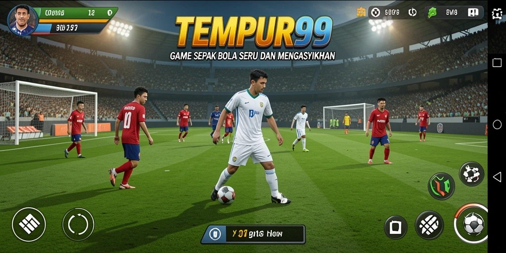 Screenshot gameplay TEMPUR99 menampilkan aksi seru pertandingan sepak bola.